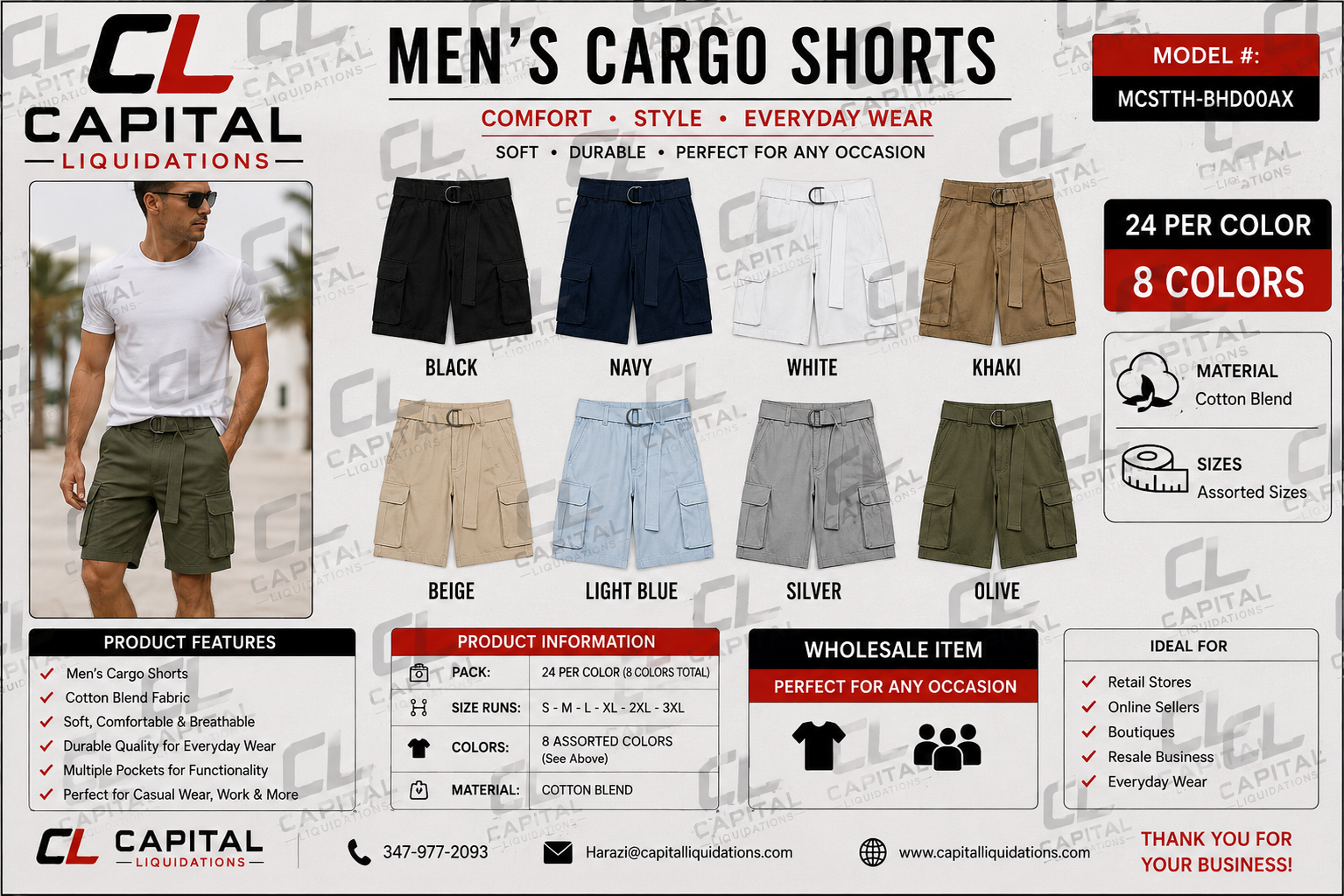 Men's Cotton Cargo Shorts With Belt Available in 8 Colors