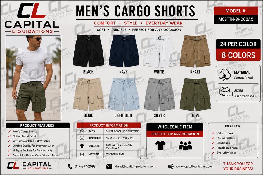 Men's Cotton Cargo Shorts With Belt Available in 8 Colors