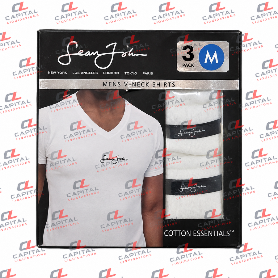 Sean John Men's 3-Pack Cotton White V-Neck Shirts